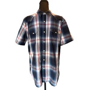 Men's L Short Sleeve Cotton Western Covered Snap Button Plaid Blue American Rag